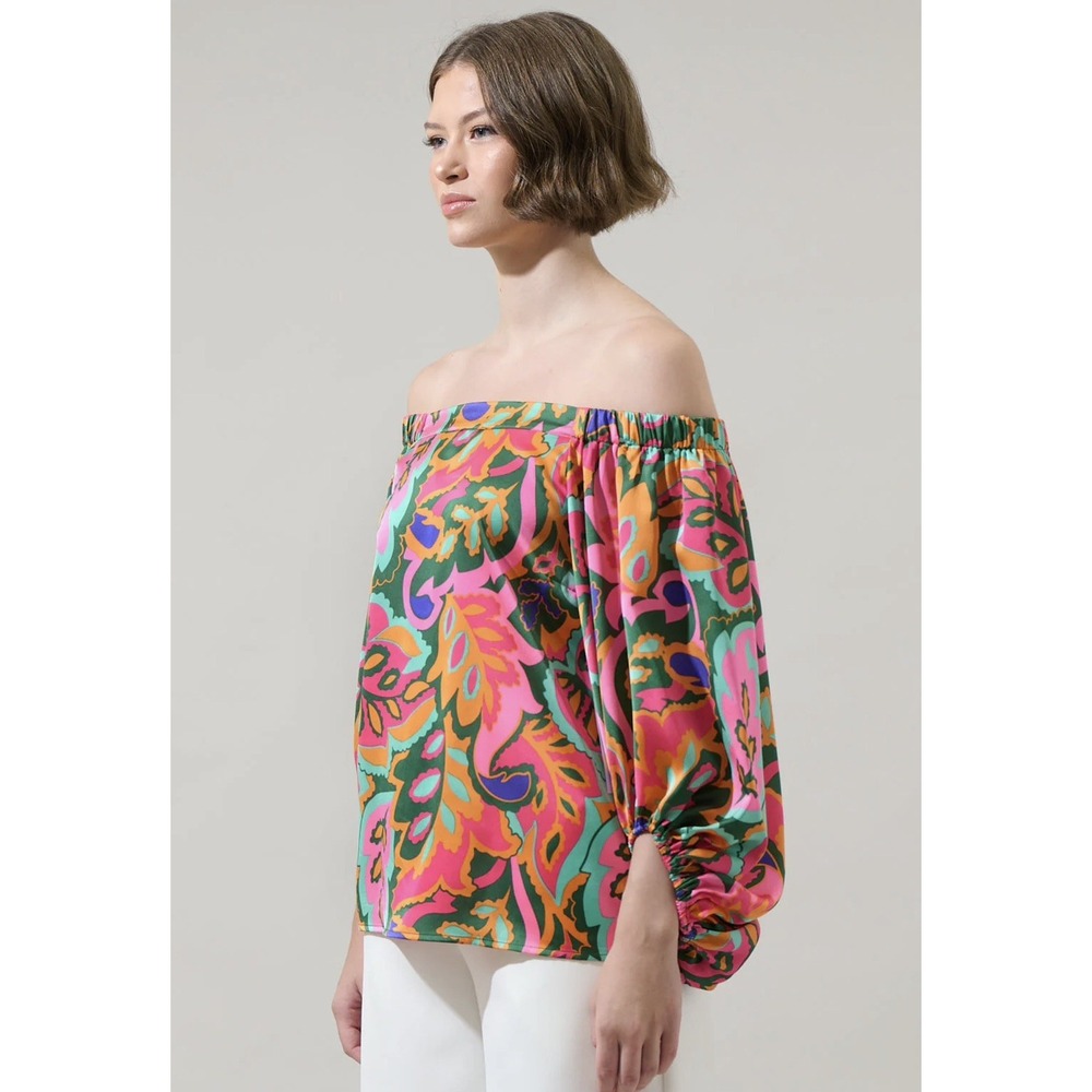 NWT Sugarlips Off-The-Shoulder Balloon Blouse  Orange Pink Floral Size Large